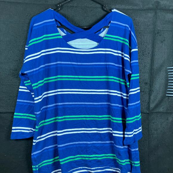 T By Talbots Women Shirt Blue Striped Boat Neck Cross Back Long Sleeve Stretch L - Picture 10 of 12